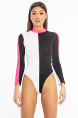 White Black and Neon Pink Contrast Long Sleeved Bodysuit - Lareen