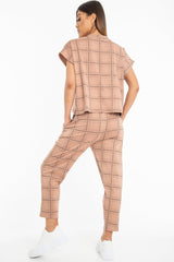 Beige Check Short Sleeve Top and Jogger Set - Aimy