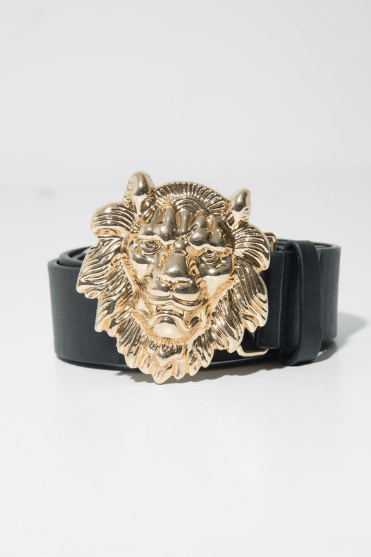 Black Faux Leather Gold Lion Head Buckle - Noha