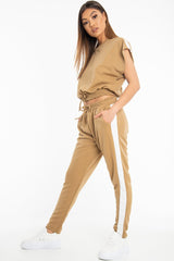 Camel Shiny Contrast Stripe Crop Top Joggers Co-Ord - Maisey