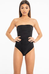 Black Strapless Ruched Side Bodysuit - Jaci
