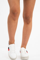 White Side Stripe Trainers with Diamante Platform Sole - Latia