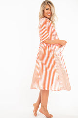 Red White Stripe Chiffon Plunge Tie Front Midi Dress - Priscilla