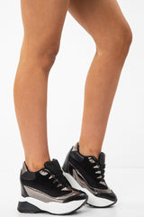 Black Faux Leather Chunky Wedge Trainers - Jody