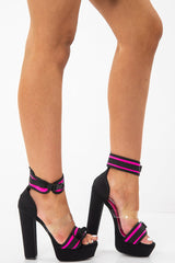 Pink Black Buckle Fastening Block Heel - Aloe