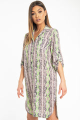 Lime Green Snake Print Oversized Shirt Dress - Joselynn