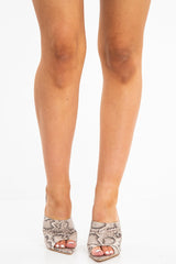 Beige Snake Print Pointed Stiletto Mules - Gricelda