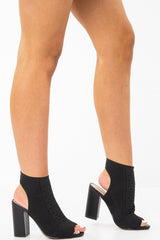 Black Peep Toe Knitted Block Heel Sock Boots - Murielle