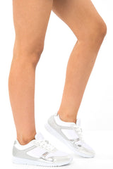 White Silver Velvet Glitter Lace Up Trainers - Taia