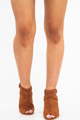 Camel Faux Suede Open Toe Block Heels - Madeline