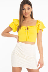 Yellow Cold Shoulder Lace Up Bardot Crop Top - Kenndra