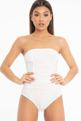 White Strapless Ruched Side Bodysuit - Jaci