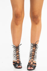 White Black Faux Snake Lace Up Stiletto Boots - Zen