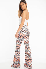 Orange Black and White Zig-Zag Print Flared Trousers - Mianna