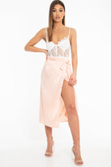 Peach Wrap Tie Side Satin Midi Skirt - Mailah