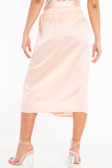 Peach Wrap Tie Side Satin Midi Skirt - Mailah