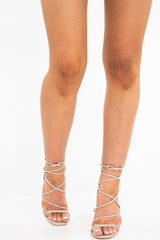 Nude Patent Lace Up Thin Block Heels - Tiffie