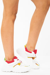 White Red Cleated Sole Lace Up Chunky Trainers - Gradie