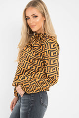 Mustard Aztec Print Satin Long Sleeve Bow Shirt - Abrah