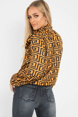 Mustard Aztec Print Satin Long Sleeve Bow Shirt - Abrah