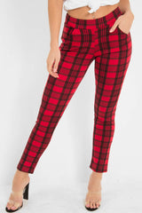 Red Check High Waist Slim Fit Trousers -  Sashya