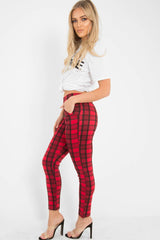Red Check High Waist Slim Fit Trousers -  Sashya