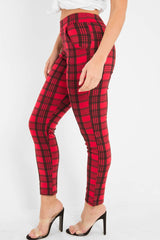 Red Check High Waist Slim Fit Trousers -  Sashya