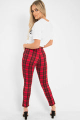 Red Check High Waist Slim Fit Trousers -  Sashya