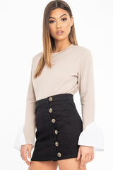 Black Woven Horn Button Front Mini Skirt - Cammy