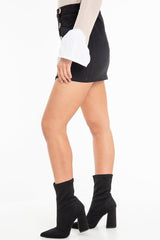 Black Woven Horn Button Front Mini Skirt - Cammy