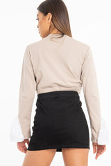 Black Woven Horn Button Front Mini Skirt - Cammy