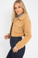 Tan Cropped Borg Trucker Jacket - Aarohi
