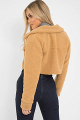 Tan Cropped Borg Trucker Jacket - Aarohi