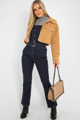 Tan Cropped Borg Trucker Jacket - Aarohi