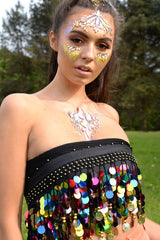 Black Sheer Top with Sequin and Coin Tassels - Taytem