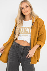 Mustard Hooded Zip Front Borg Coat - Loryn