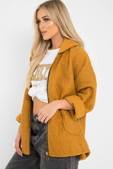 Mustard Hooded Zip Front Borg Coat - Loryn