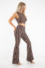 Navy Camel Stripe Rib Crop Top Trousers Co-Ord - Elmira