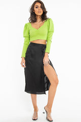 Black Wrap Tie Side Satin Midi Skirt - Mailah