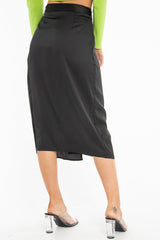 Black Wrap Tie Side Satin Midi Skirt - Mailah