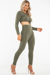 Khaki Lace Up Rib Crop Top Trousers Loungewear Set - Jesi