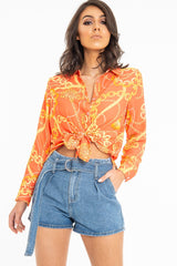 Orange Scarf and Chain Print Tie T-shirt - Murl
