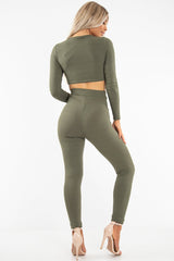 Khaki Lace Up Rib Crop Top Trousers Loungewear Set - Jesi