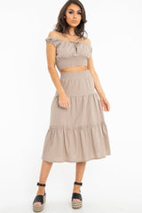 Taupe Ruffle Shoulder Tie Back Crop Top  - Melida