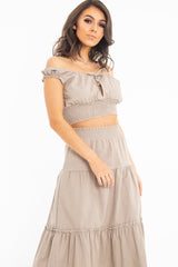Taupe Ruffle Shoulder Tie Back Crop Top  - Melida