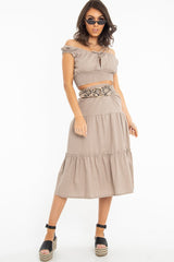 Taupe Ruffle Shoulder Tie Back Crop Top  - Melida
