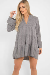 Grey Knit Plunge Flute Sleeve Shift Dress - Halsey