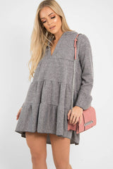 Grey Knit Plunge Flute Sleeve Shift Dress - Halsey