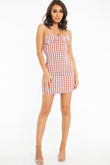 Red White Check Sleeveless Shirred Cup Midi Dress - Suzi
