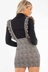 Black Brown Check Knitted Ruffle Pinafore Dress - Vina